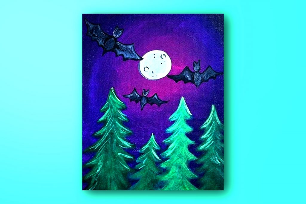 Acrylic painting tutorial of bats in the night sky