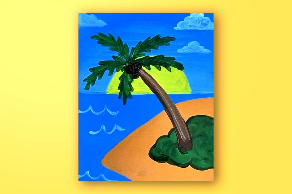 Acrylic painting tutorial of a beach with a palm tree