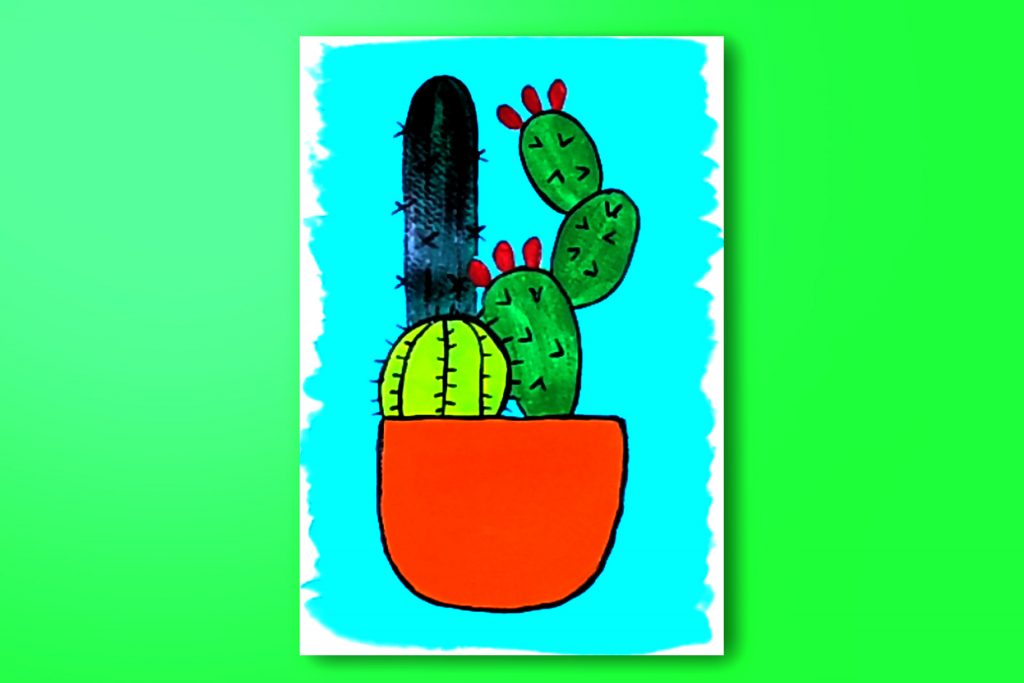 Step-by-step acrylic painting tutorial of a cacti in a planter