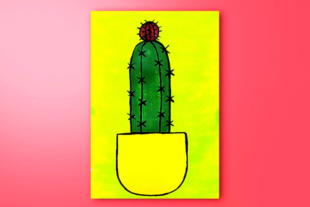 Step-by-step acrylic painting tutorial of a cactus in a yellow pot
