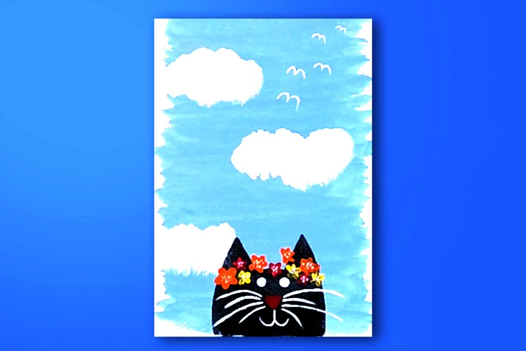 Step-by-step acrylic painting tutorial of a cat wearing a flower crown