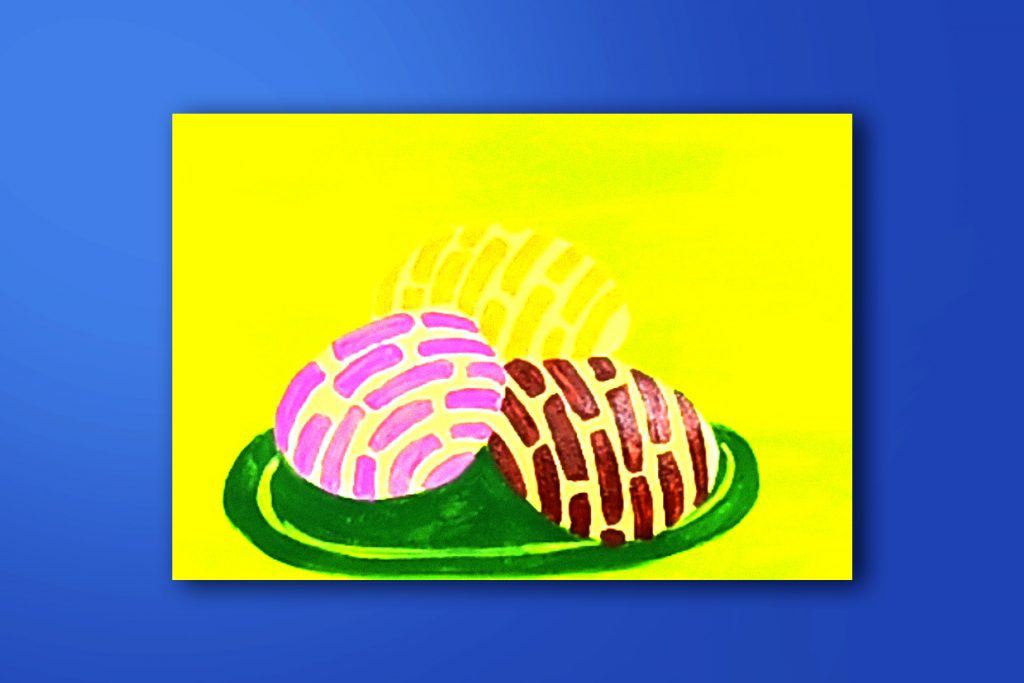 Step-by-step acrylic painting tutorial of conchas, Mexican sweet bread