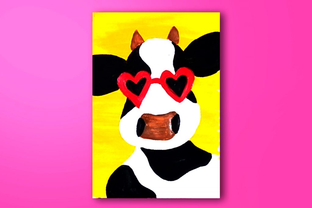 Step-by-step acrylic painting tutorial of a cow wearing sunglasses