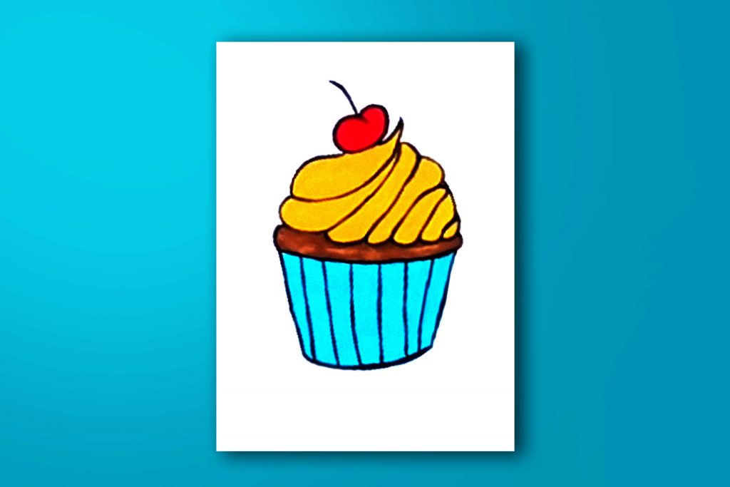 Step-by-step acrylic painting tutorial of a cupcake with cherry on top