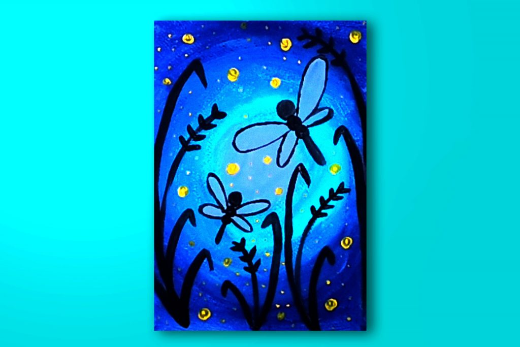 Step-by-step acrylic painting tutorial of dragonflies at night