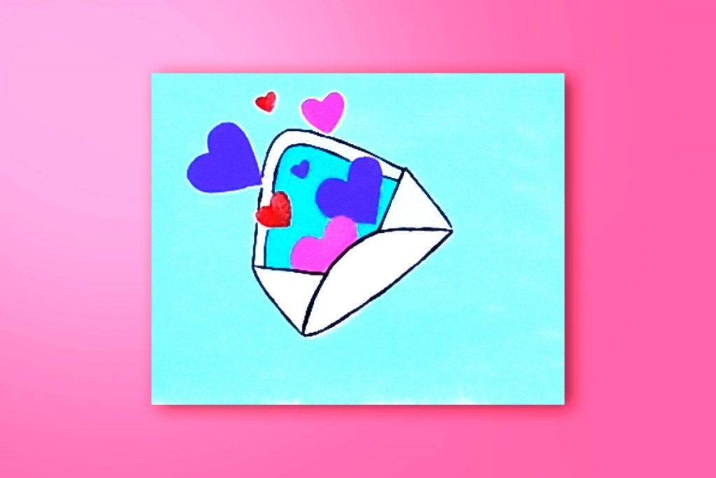 Step-by-step acrylic painting tutorial of an envelope with hearts
