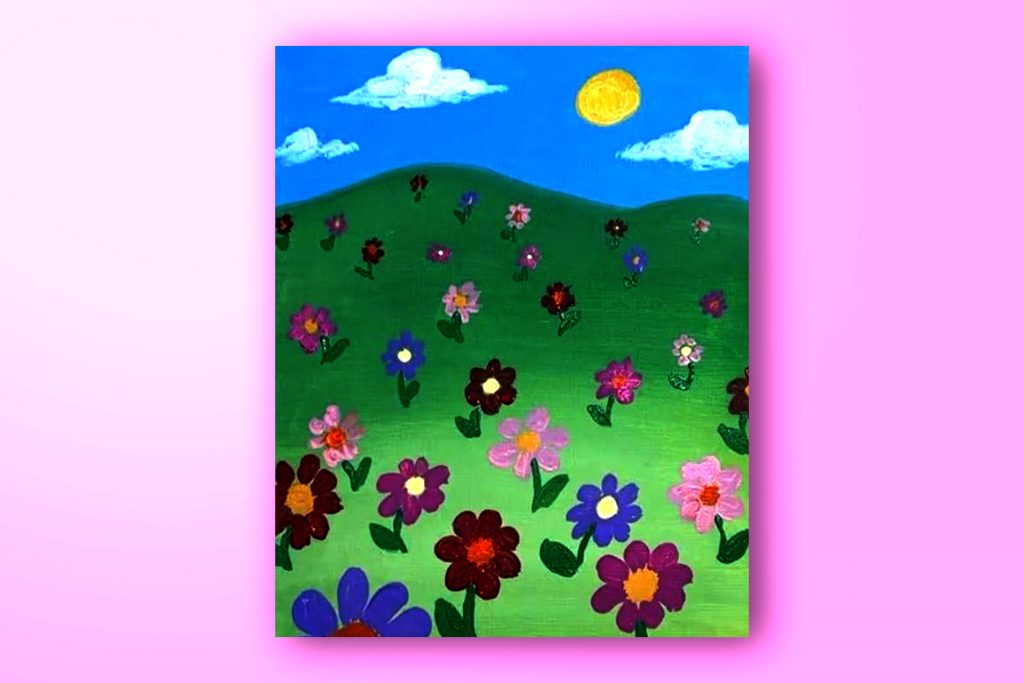 Acrylic painting tutorial of a field of flowers