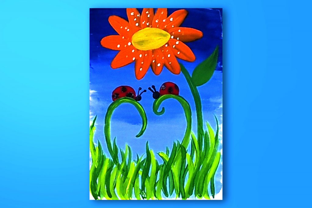 Step-by-step acrylic painting tutorial of a flower with lady bugs