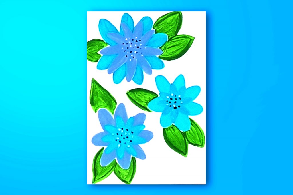 Step-by-step acrylic painting tutorial of three blue flowers