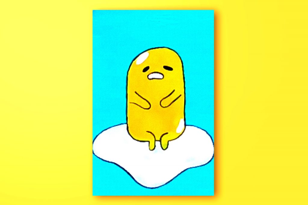 Step-by-step acrylic painting tutorial of Gudetama from Sanrio