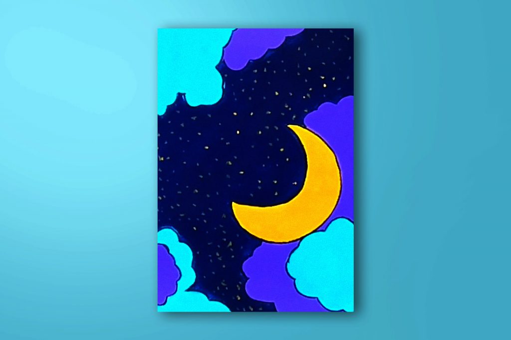 Step-by-step acrylic painting tutorial of a moon with clouds