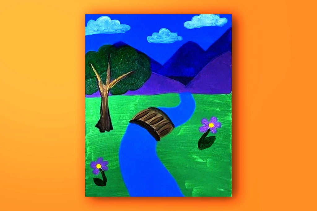 Acrylic painting tutorial of mountains with a creek and bridge
