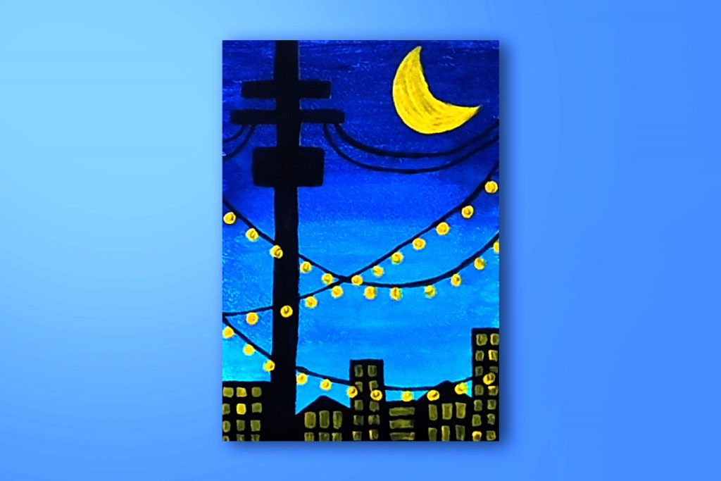 Step-by-step acrylic painting tutorial of a night cityscape
