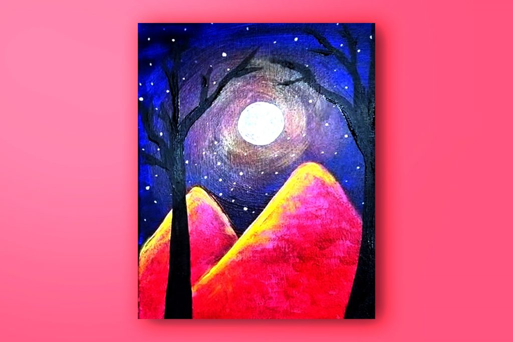 Acrylic painting tutorial of night landscape with mountains and trees