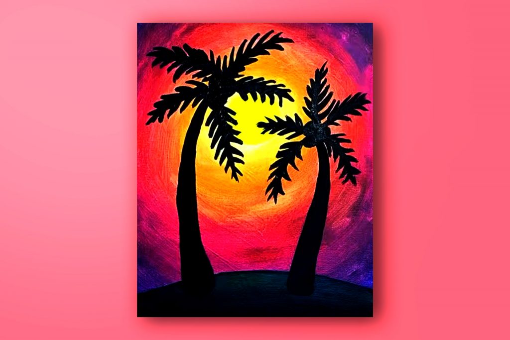Acrylic painting tutorial of palm trees with sunrise