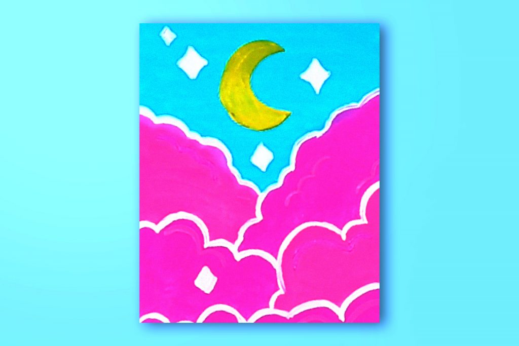 Step-by-step acrylic painting tutorial of pink clouds.