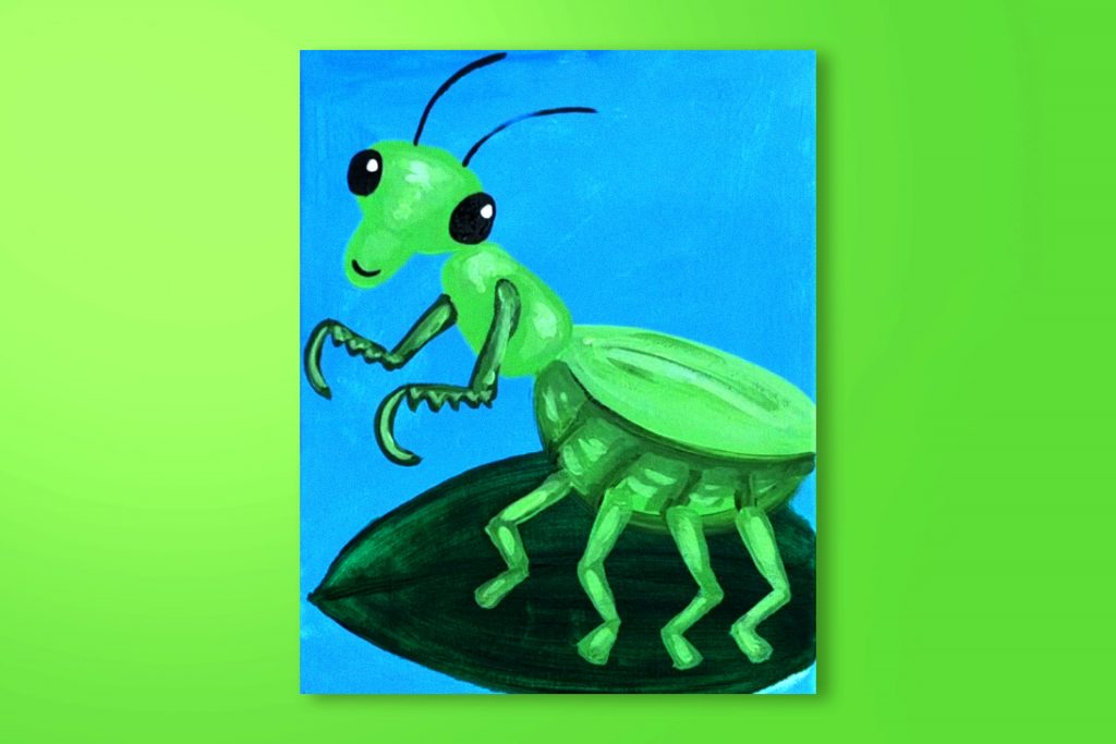 Step-by-step acrylic painting tutorial of a praying mantis
