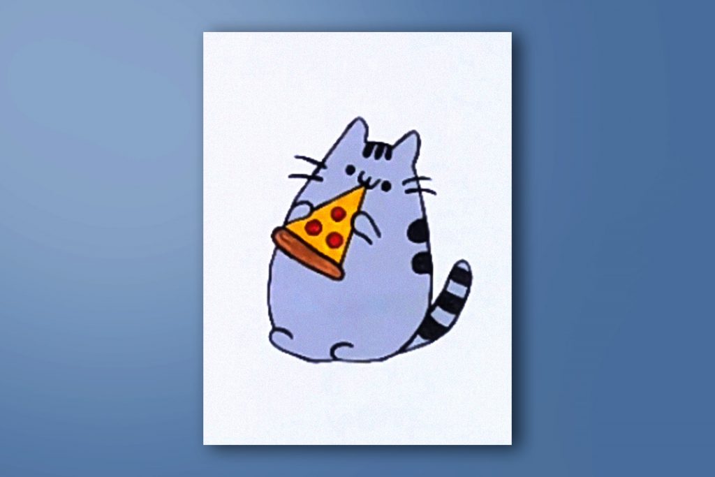 Step-by-step acrylic painting tutorial of Pusheen the Cat Eating Pizza