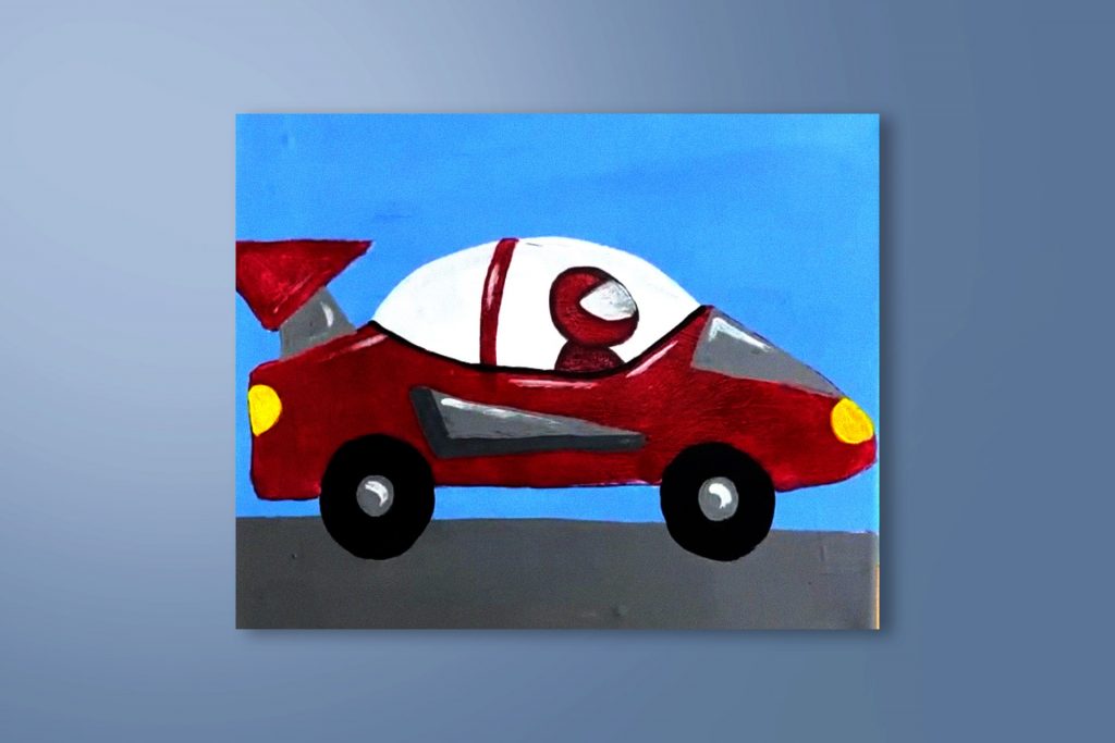 Step-by-step acrylic painting tutorial of a race car