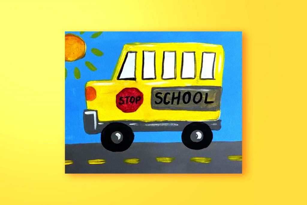 Step-by-step acrylic painting tutorial of a school bus