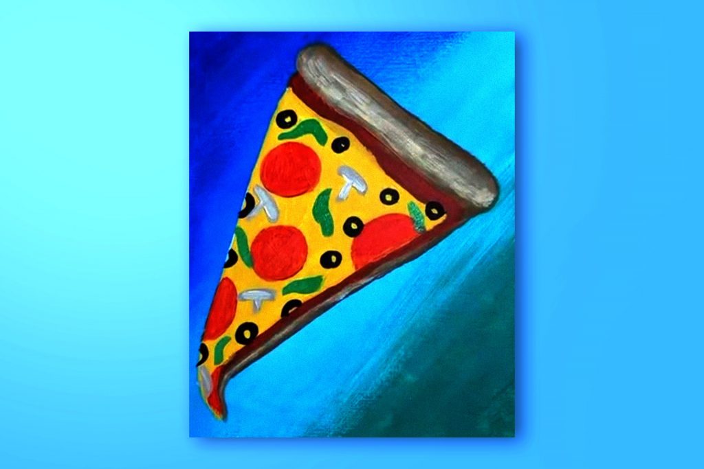 Step-by-step acrylic painting tutorial of a slice of pizza