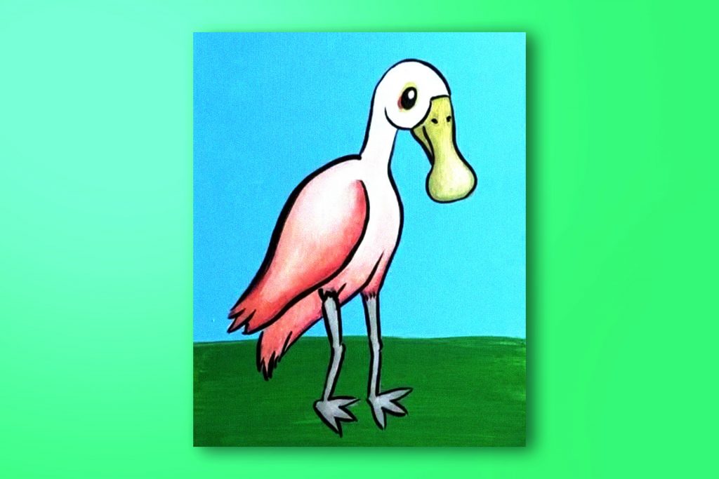 Step-by-step acrylic painting tutorial of a spoonbill