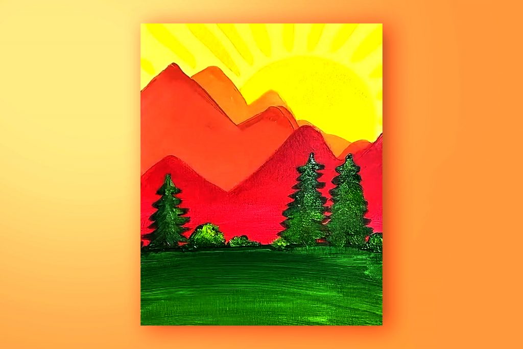 Acrylic painting tutorial of a sunrise over mountains