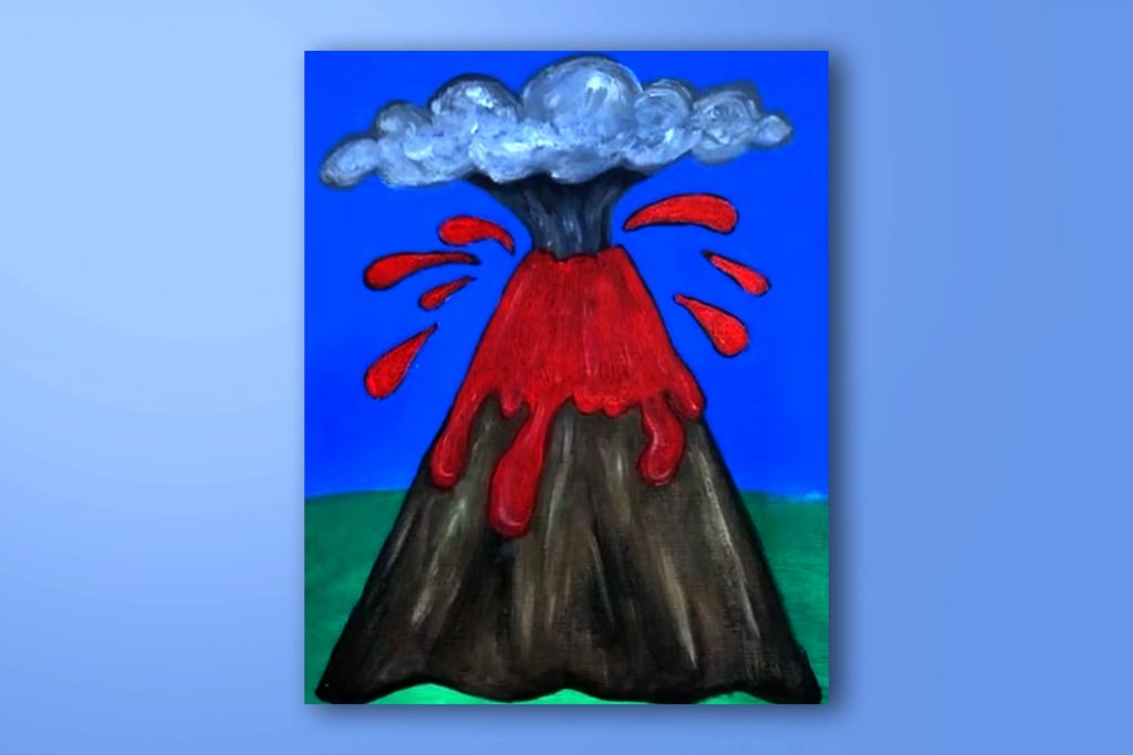 Step-by-step acrylic painting tutorial of a volcano