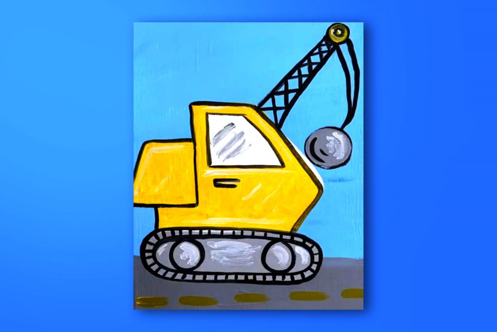 Step-by-step acrylic painting tutorial of a wrecking ball crane