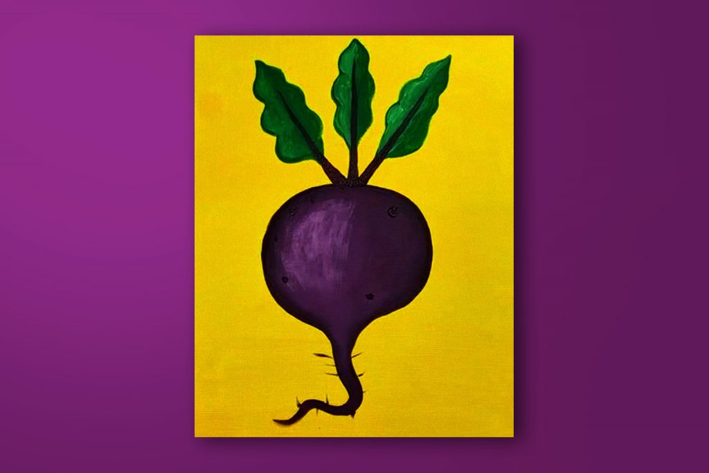 Step-by-step acrylic painting tutorial of a beet root.
