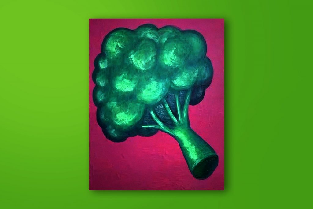 Step-by-step acrylic painting tutorial of broccoli.