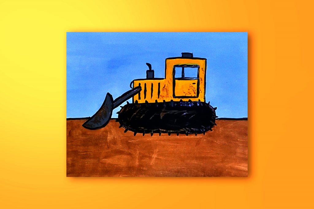 Step-by-step painting tutorial of a bulldozer