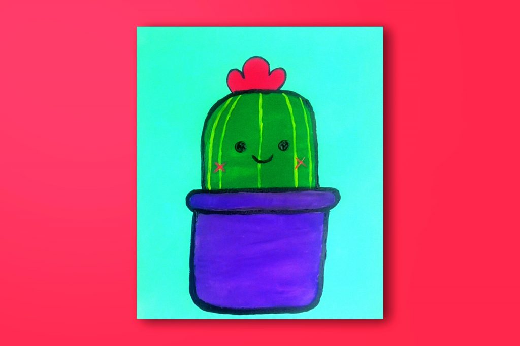 Step-by-step acrylic painting tutorial of a cactus