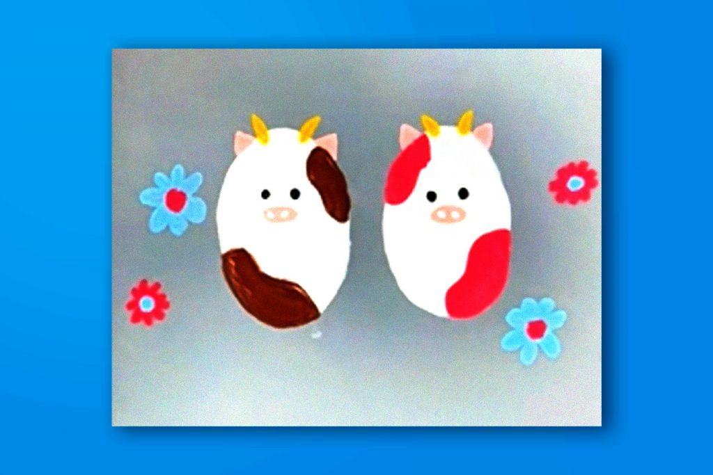 Step-by-step acrylic painting tutorial of cute cows with flowers