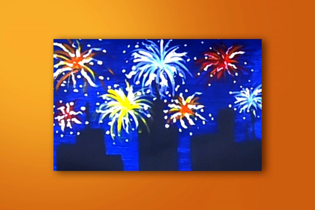 Step-by-step acrylic painting tutorial of fireworks over skyscrapers