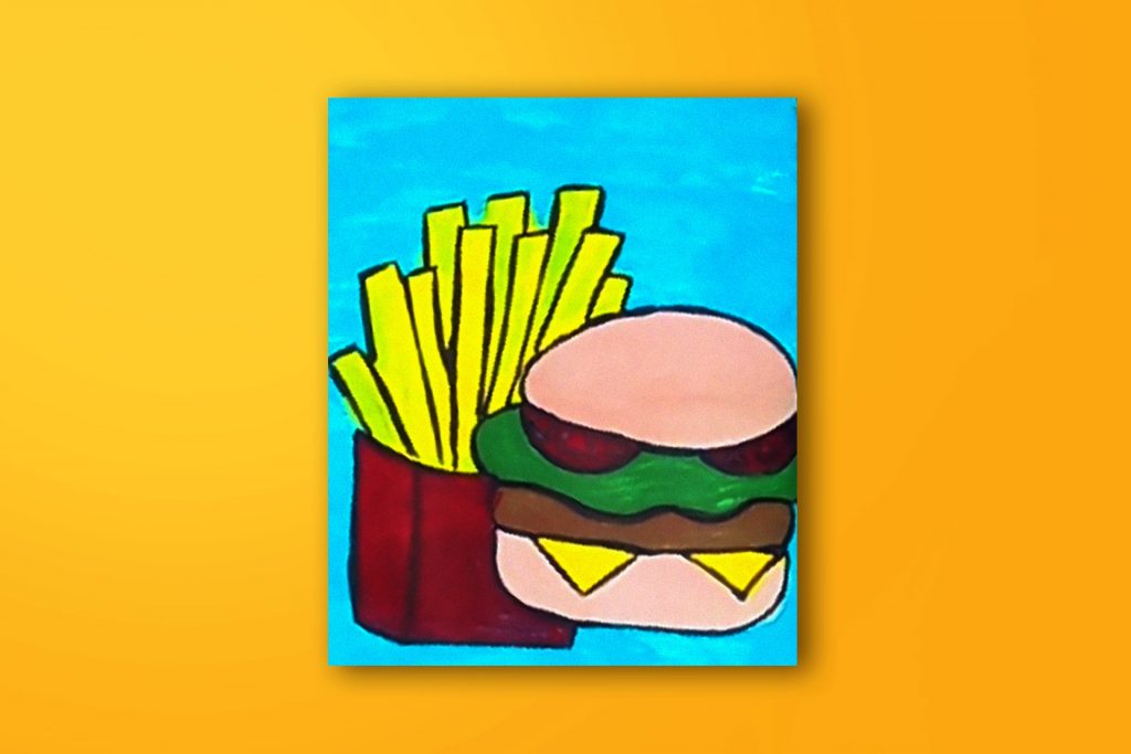 Step-by-step acrylic painting tutorial of a hamburger and french fries.