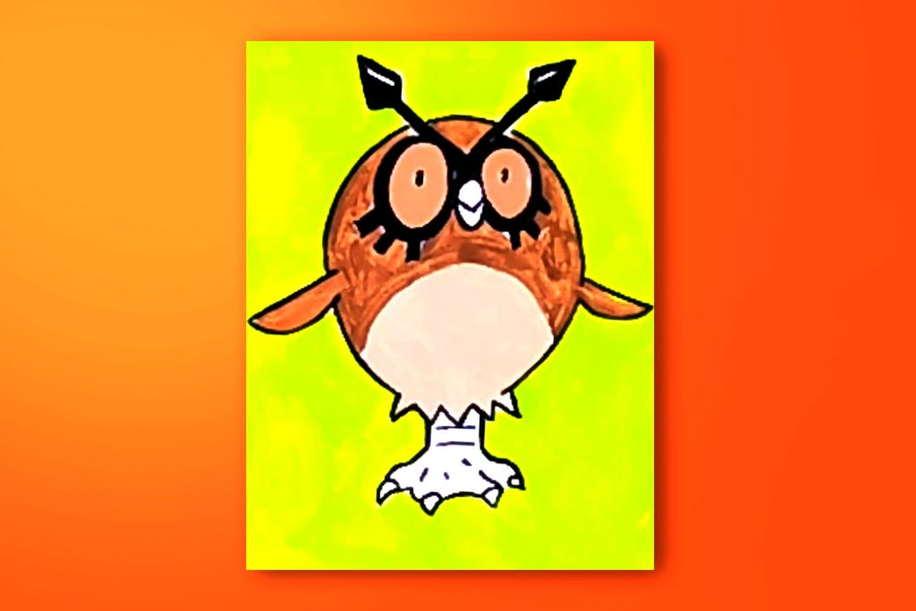 Step-by-step acrylic painting tutorial of Hoothoot from Pokemon