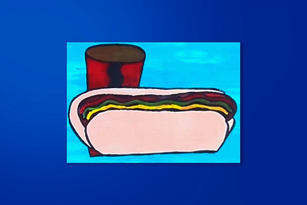 Step-by-step acrylic painting tutorial of a hot dog and soda