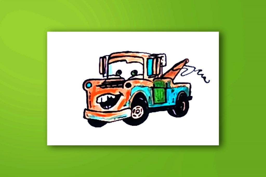 Step-by-step acrylic painting tutorial of Mater from Cars
