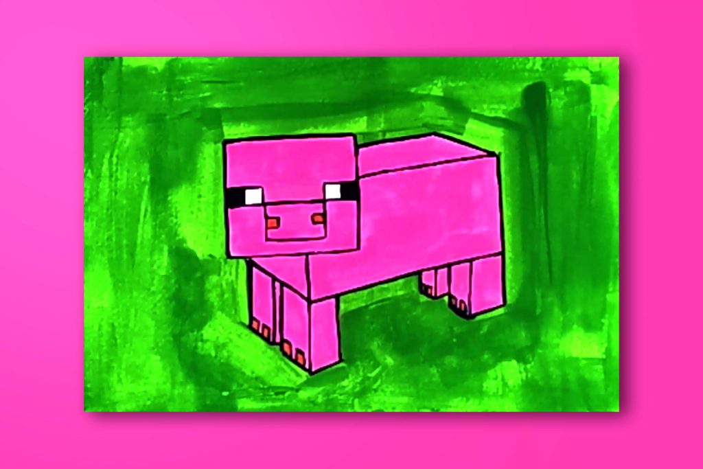Step-by-step acrylic painting tutorial of a Minecraft pig