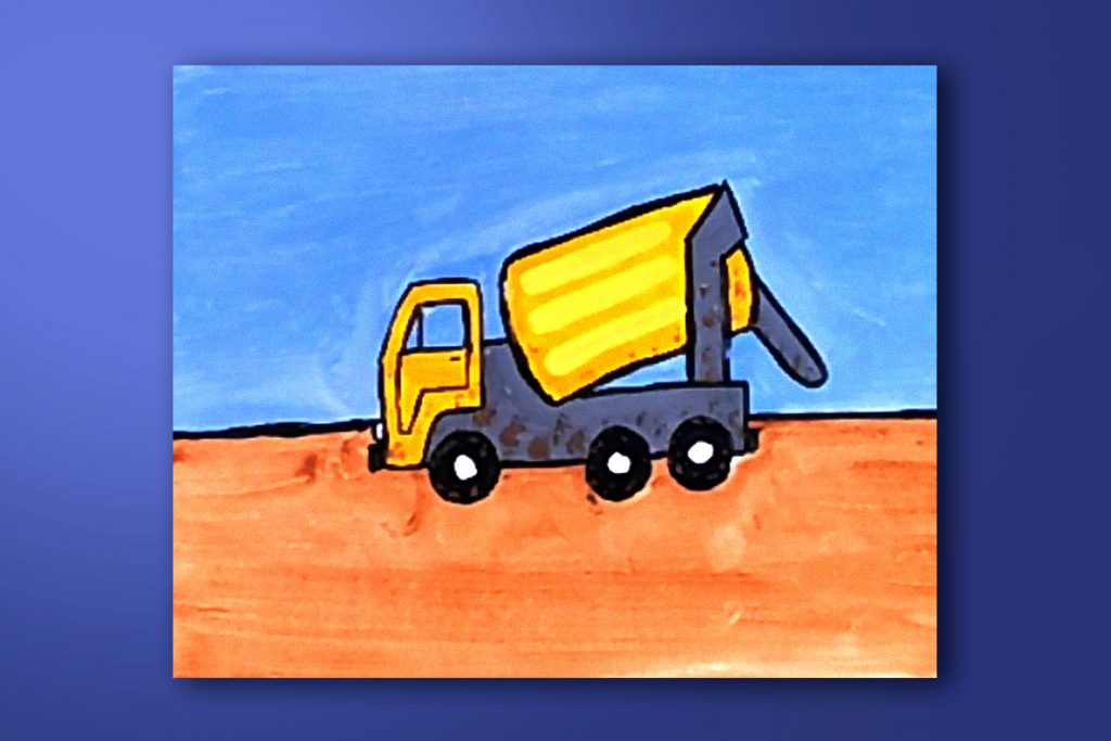Step-by-step acrylic painting tutorial of a mixer construction vehicle