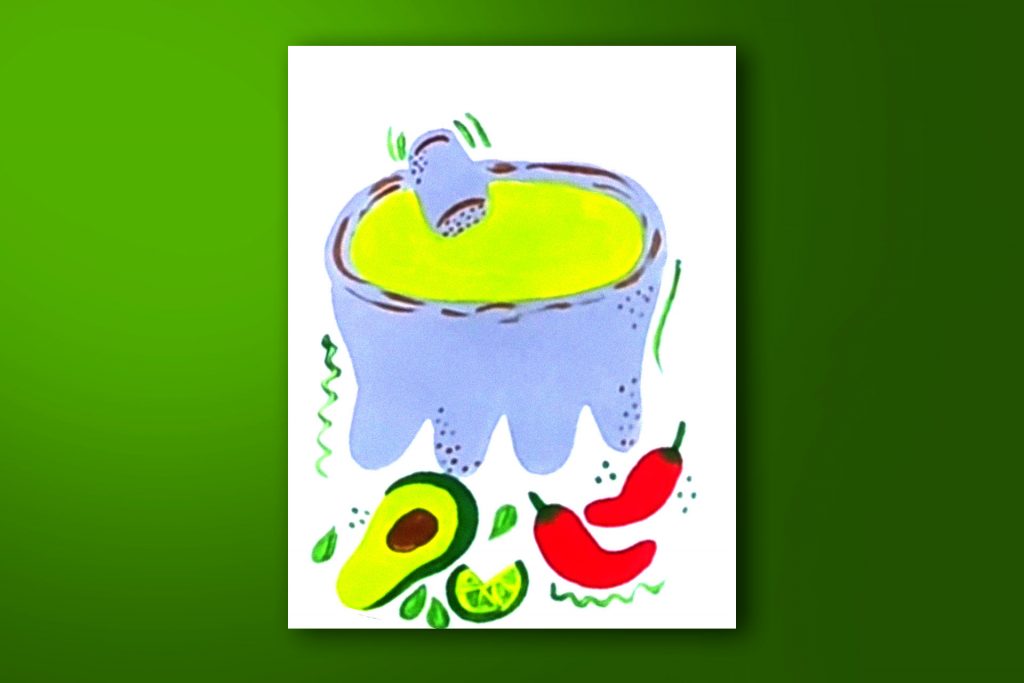 Step-by-step acrylic painting tutorial of a molcajete with guacamole