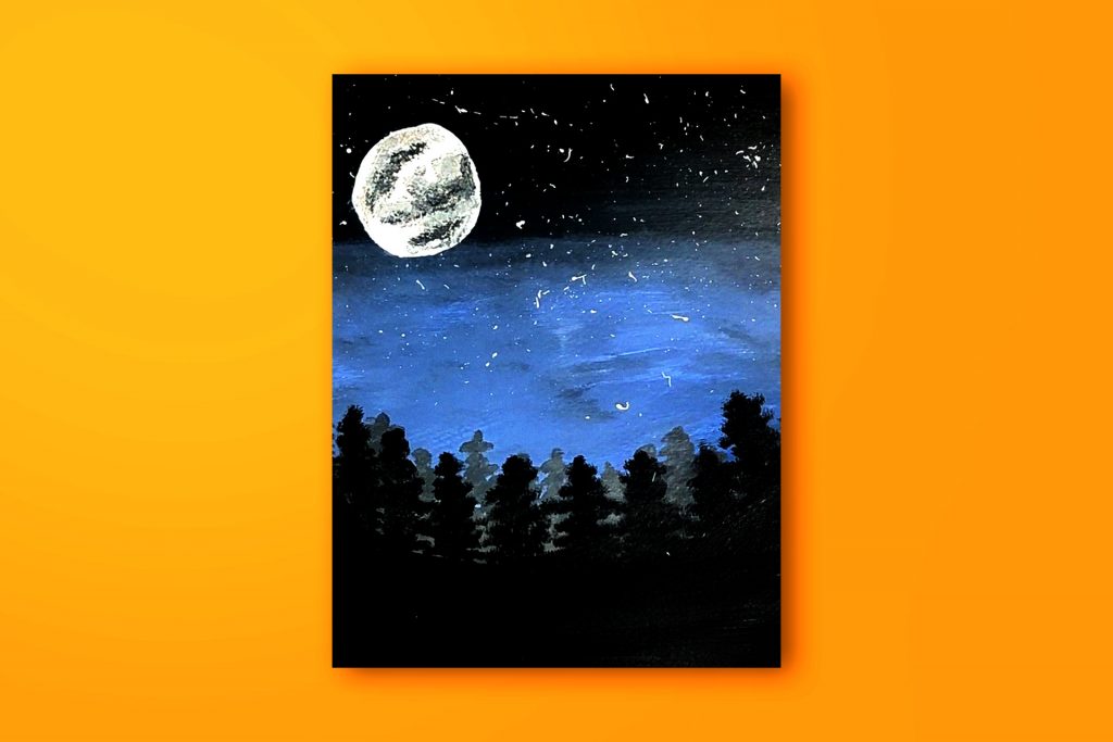 Step-by-step acrylic painting tutorial of a nighttime landscape