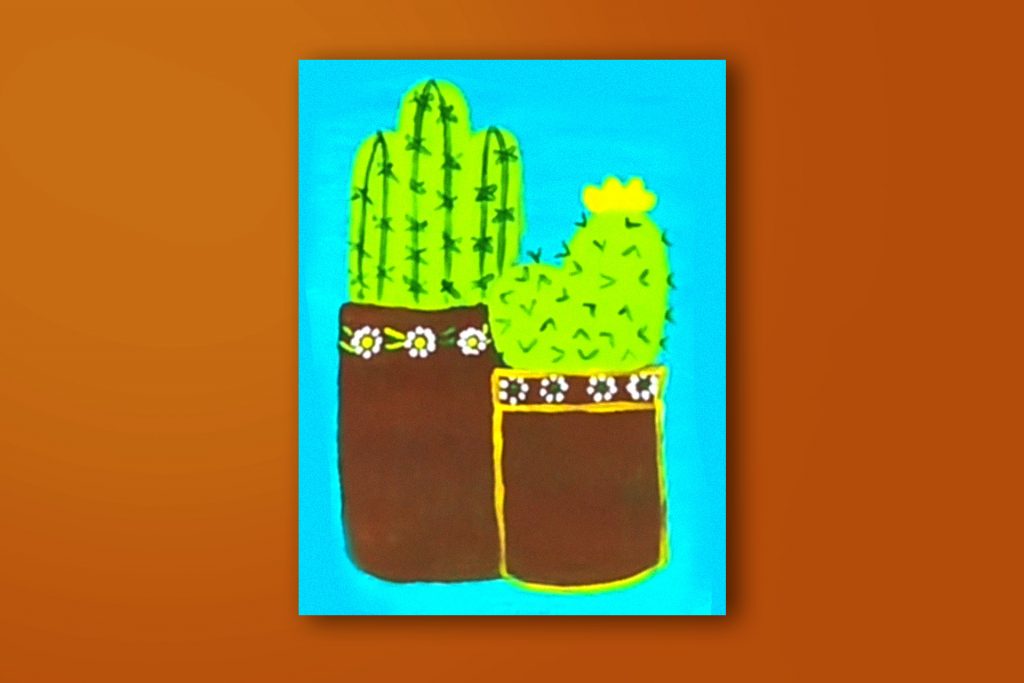 Step-by-step acrylic painting tutorial of nopal in clay pots