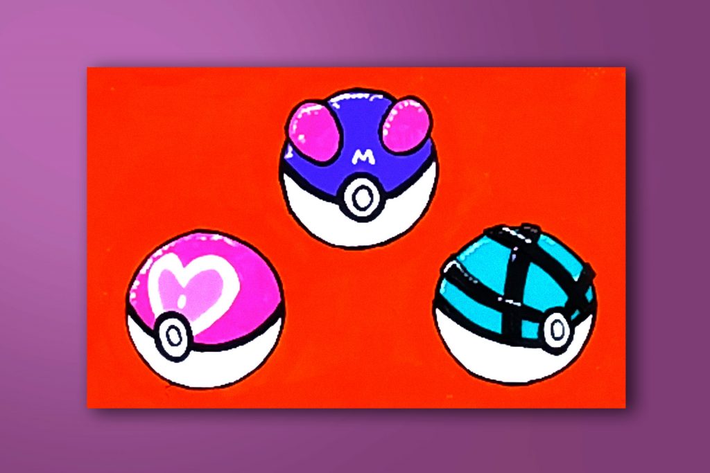Step-by-step acrylic painting tutorial of Poké Balls