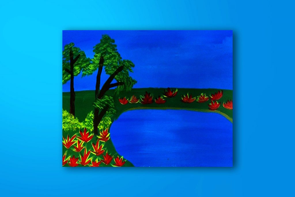 Step-by-step acrylic painting tutorial of a pond landscape