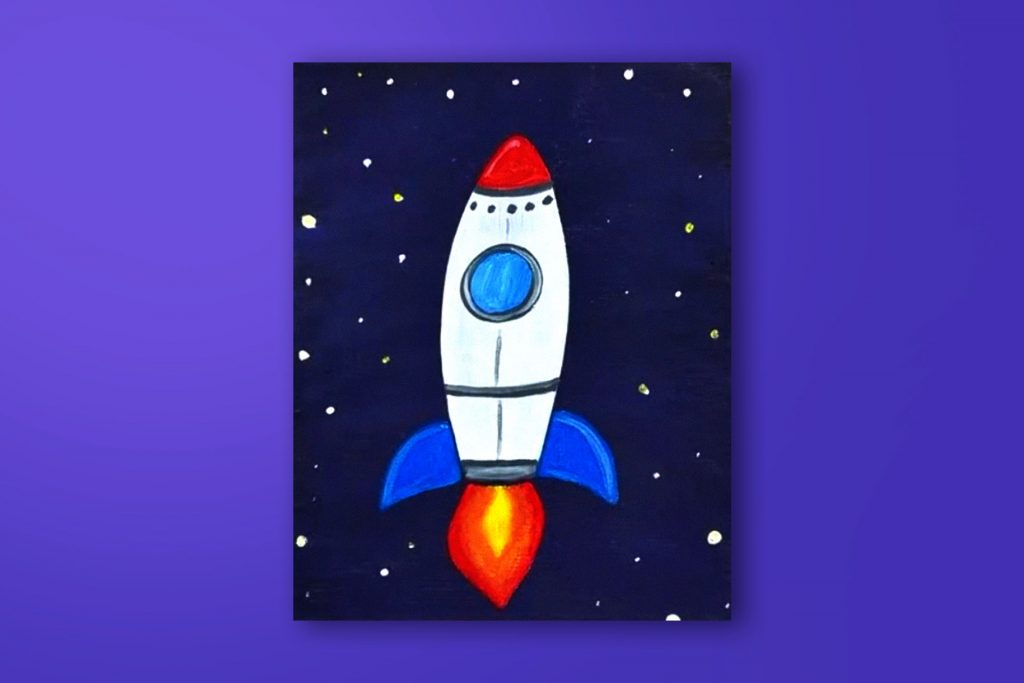 Step-by-step acrylic painting tutorial of a rocket