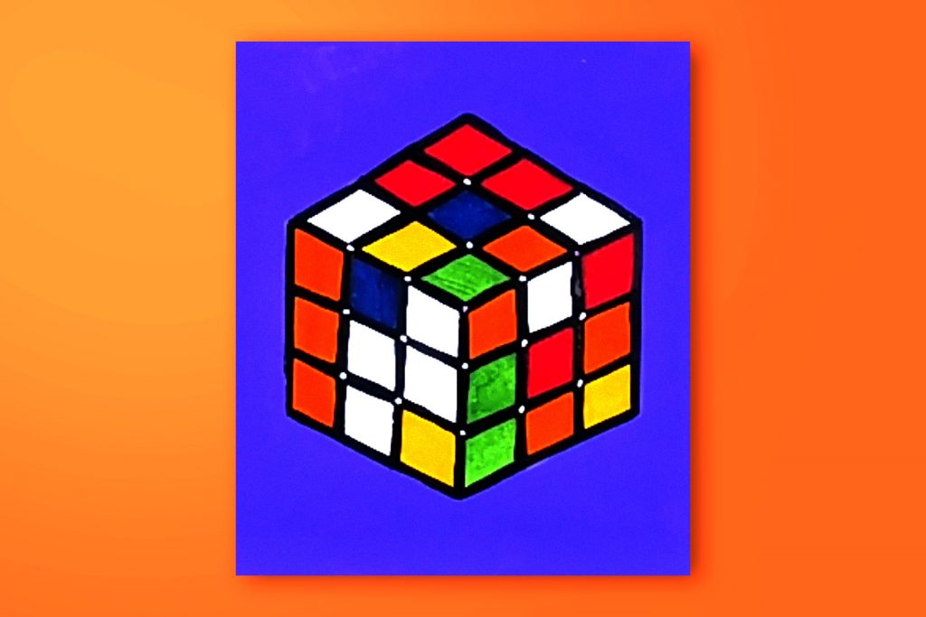 Step-by-step acrylic painting tutorial of a Rubik's Cube