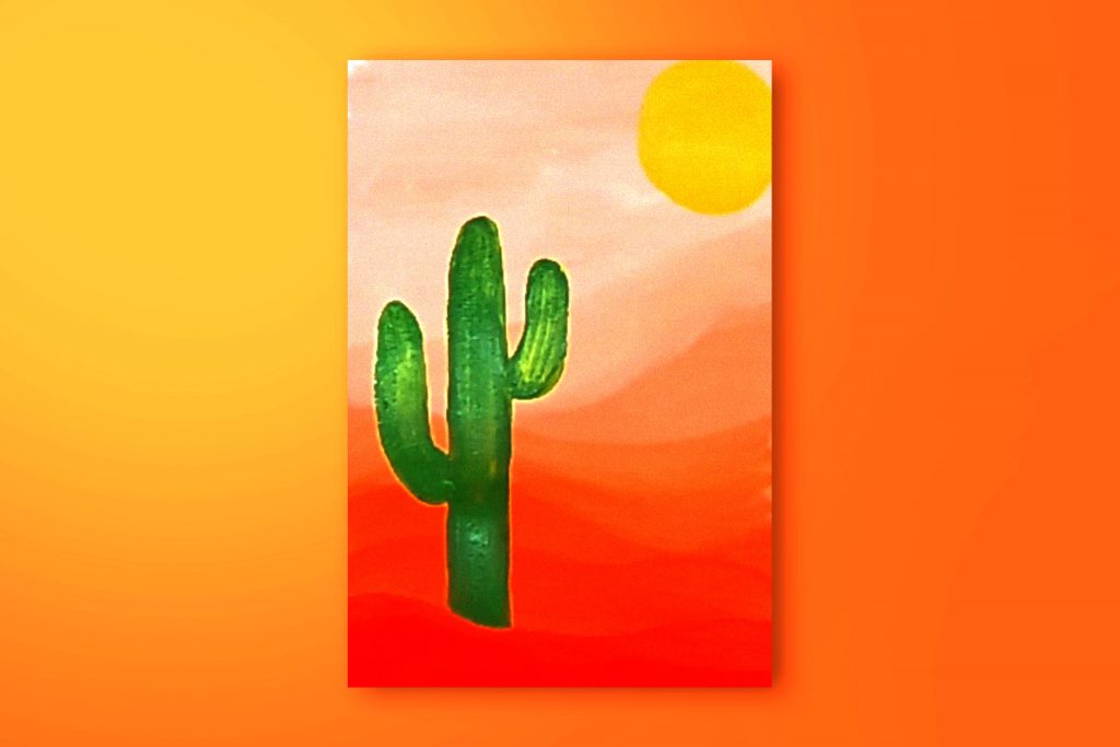 Step-by-step acrylic painting tutorial of a saguaro cactus landscape