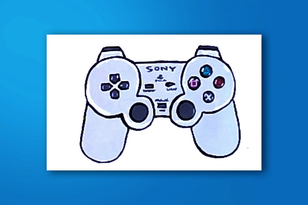 Step-by-step acrylic painting tutorial of a Sony Playstation controller